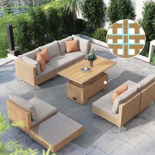 Vista 23 de Grand patio Juego de muebles de mimbre de patio de 3 piezas, juego seccional de sofá de conversación para exteriores estilo boho con cojines gruesos