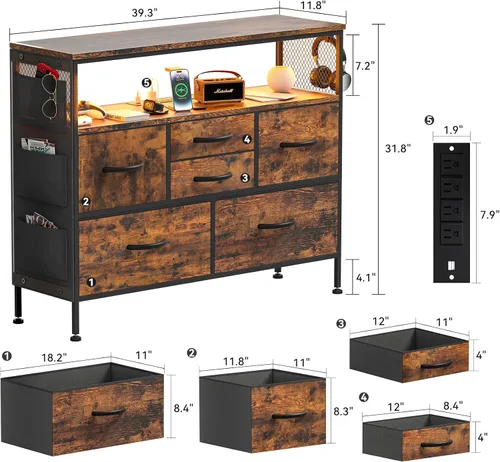 Vista 10 de Cómoda para dormitorio, soporte de TV con tomas de corriente y luz LED, cómoda de 6 cajones con bolsillos laterales y ganchos, cómoda ancha