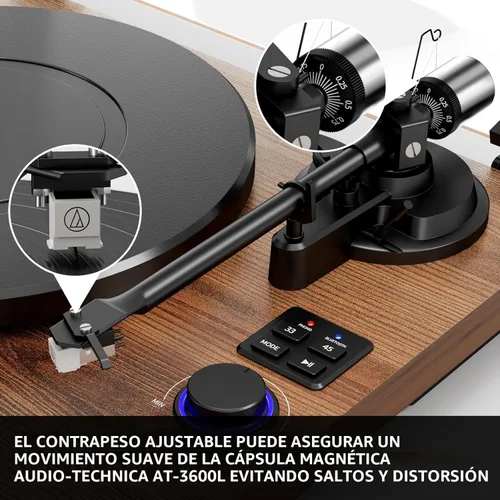 Vista 2 de Sistema de tocadiscos Bluetooth HiFi con altavoces de estantería de 36 vatios, reproductor de discos de vinilo con diseño patentado con cartucho