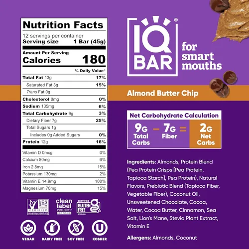 Vista 2 de IQBAR - Barras de proteínas para el cerebro y el cuerpo a base de plantas - Chips de mantequilla de almendra - 12 unidades - Keto, veganas, bajas