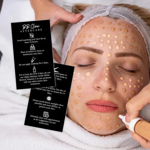 Vista 6 de BB Glow Tarjetas de cuidado posterior, paquete de 50, tamaño de tarjeta de visita de 2 x 3.5 pulgadas, microneedled BB Glow negro con diseño blanco