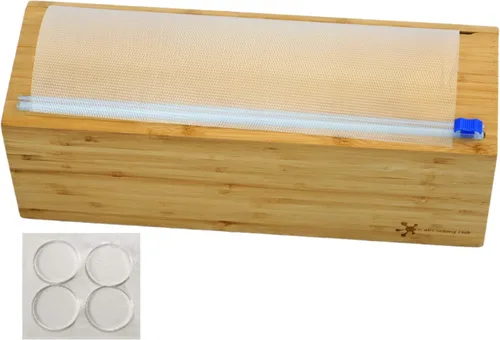 Dispensador de rollos de bolsas selladoras al vacío con cortador deslizante, dispensador de bolsas de vacío de bambú reutilizable que se adapta a la