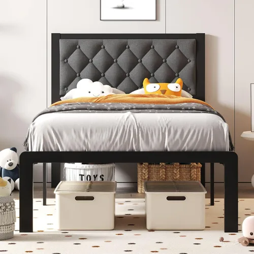 Vista 11 de Fluest Base de cama individual con cabecero, tapizada en cuero PU, marco de plataforma con soporte de listones metálicos, con espacio