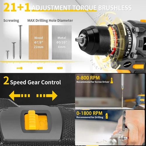 Vista 3 de AwxryoX Juego de herramientas de taladro compacto sin escobillas, caja de herramientas de taladro inalámbrico de 60 N.m 20 V con 2 baterías, juego