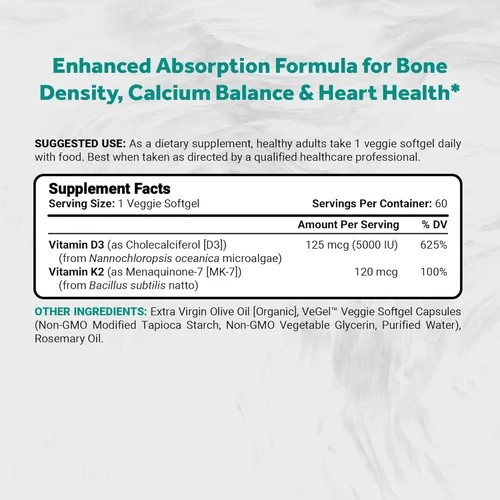 Vista 2 de Naturalis Vitamina vegana D3+K2 de algas 5000 UI D3 con 120 mcg MK7 Certificado de la sociedad vegana, de origen sostenible, mejor que