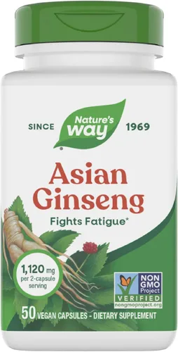Nature's Way Ginseng asiático, combate la fatiga*, 1,120 mg por porción de 2 cápsulas, proyecto verificado sin OMG, vegano, 50 cápsulas (el embalaje