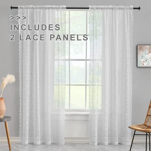 Vista 2 de FINECITY Cortinas de encaje de 84 pulgadas de largo, cortinas de encaje transparente blanco floral para sala de estar, juego de 2 paneles, cortinas