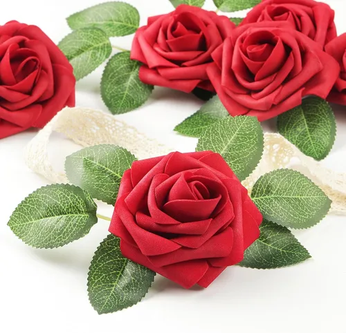 Vista 3 de Mocoosy - 50 rosas artificiales, rosas artificiales para decoración de Halloween, rosas de espuma de tacto real a granel con tallo gótico, ramo