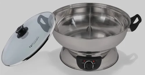 Vista 2 de Shabu Shabu Shabu eléctrico de doble cara con quemador y tapa de vidrio, 5.0L, acero inoxidable con control múltiple