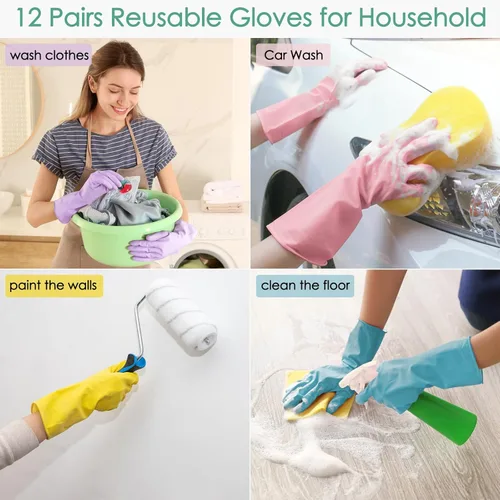 Vista 7 de 12 pares de guantes de limpieza de goma para lavar platos, guantes de cocina reutilizables para lavar platos y el hogar