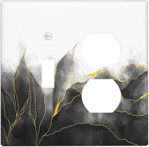 Vista 59 de Cubiertas de tomacorrientes, mármol negro y dorado, hojas blancas doradas, 1 palanca, 1 combinación basculante, placa decorativa de pared, placa