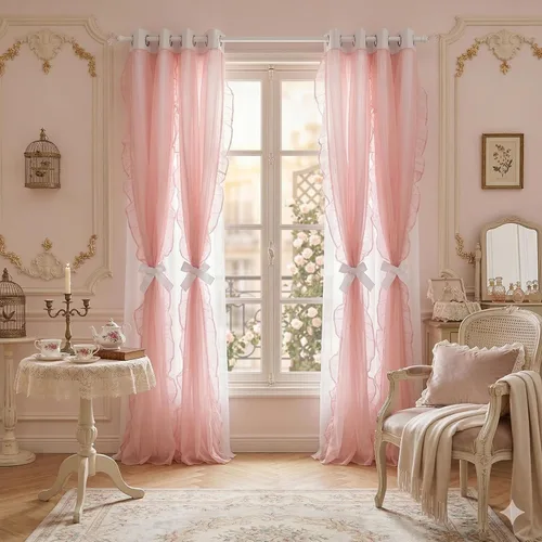Vista 36 de PONY DANCE Cortinas con Volantes de Doble Capa con Superposición Transparente, Decoración Elegante para Ventanas de Diseño Rústico Francés de Campo