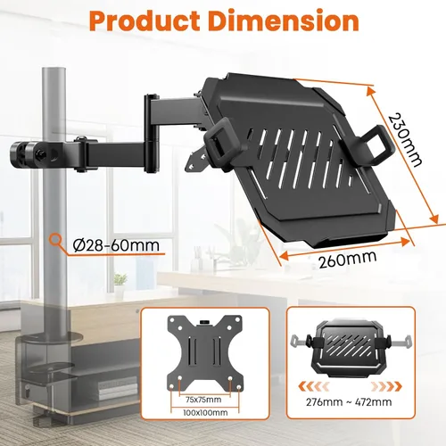 Vista 6 de PUTORSEN Soporte de poste para portátil con bandeja – Soporte universal de brazo de movimiento completo con placa VESA extraíble de 75mm y 100mm, se