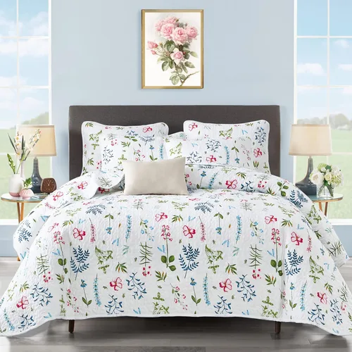 Vista 10 de UOZZI BEDDING - Juego de colcha reversible de 3 piezas, tamaño king, diseño floral, color blanco, rojo, verde y multicolor, suave microfibra ligera