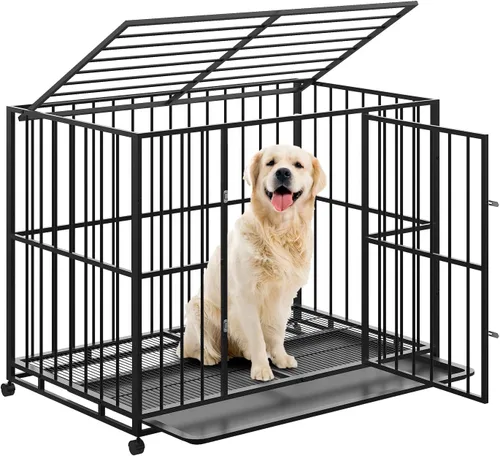 42 Inch Dog Crate for Medium Sized Dogs, Heavy Duty Stainless Steel Dog Kennel Indoor Escape Proof with Wheels and Removable Tray, Indestructible