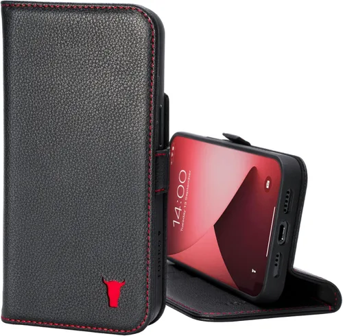 TORRO Funda de cuero compatible con iPhone 12 Mini - Funda de piel auténtica tipo cartera con tarjetero y función atril (negro)