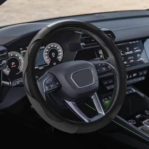 Vista 15 de Funda para volante de automóvil, 15 pulgadas, fibra de carbono, microfibra de cuero PU elástico, protector para volante, accesorios universales