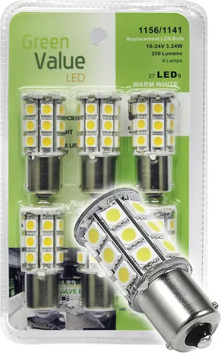 (1) Paquete de 6 bombillas LED de repuesto 1156/1141 de 250 LUM 10-24 V, blanco cálido 25009 V (total 6 bombillas)