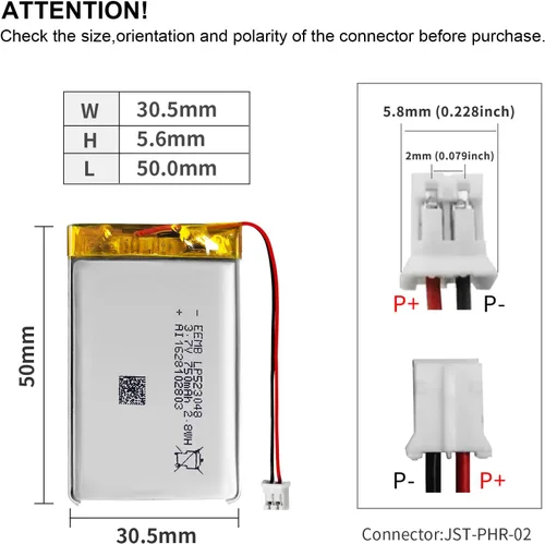 Vista 3 de EEMB Batería de polímero de litio 3.7V 750mAh 523048 Lipo Batería recargable con conector JST de cable para altavoz y dispositivo inalámbrico