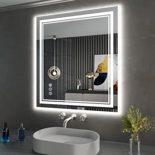 Vista 75 de Espejo de baño LED de 40 x 36 pulgadas con luces, retroiluminado y frontal iluminado para pared, antiempañamiento, regulable, memoria inastillable