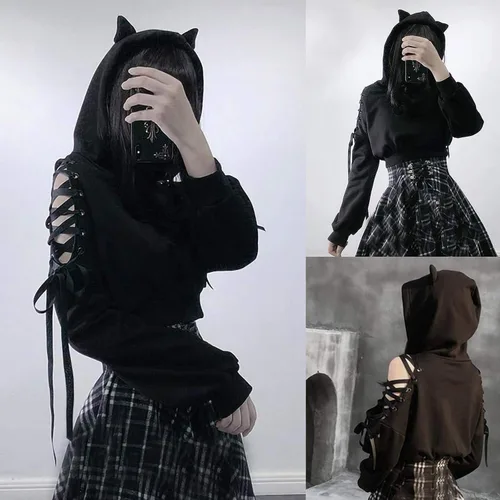 Vista 2 de ZJRXM Sudadera con capucha para mujer, de manga larga, estilo gótico, informal, con encaje, para adolescentes y niñas.