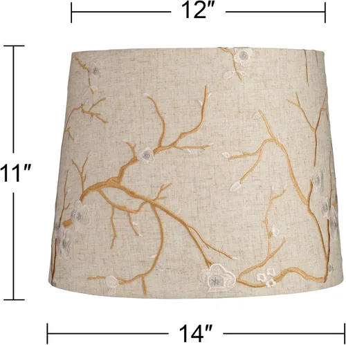 Vista 4 de Beige Plum Flower Embroidery Large Drum Lamp Shade 12" Top x 14" Bottom x 11" Slant (Spider) Replacement with Harp and Finial - Springcrest