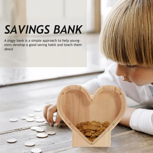 Vista 3 de Hucha con forma de corazón, caja de dinero de madera transparente, para ahorro de niños y día de la madre, 7.08 x 7.08 x 1.10 pulgadas