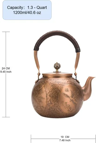 Kunwu - Tetera redonda de cobre hecha a mano con martillo pequeño, tetera de cobre puro de 0.059 in de grosor, hecha a mano, 40.6 fl oz - 1,71 bl