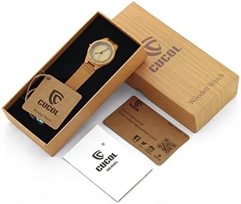 Vista 2 de CUCOL Women's Walnut Wood Wooden Cowhide Leather Strap Watch Wooden Case Analog Quartz Wristwatch with Gift Box