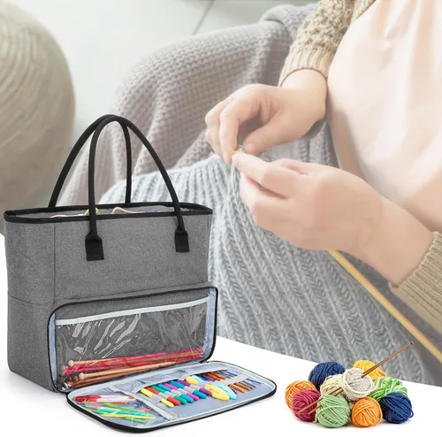 Vista 8 de Yarwo Bolsa de ganchillo para tejer, bolsa de almacenamiento de hilo para proyectos de WIP, madejas de hilo, ganchos de ganchillo y agujas de tejer