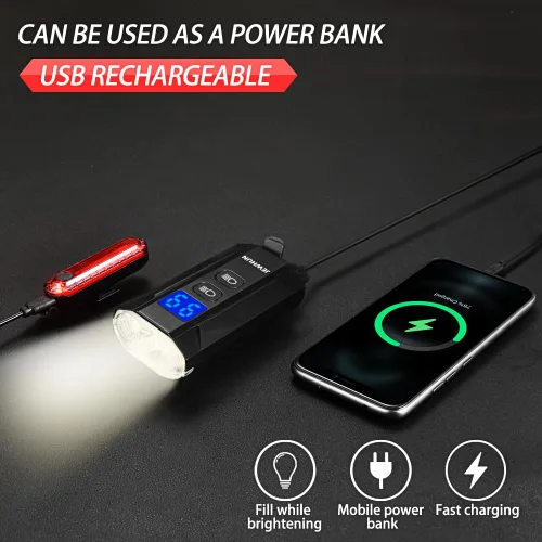 Vista 5 de Juego de faros y luces traseras recargables para bicicleta con pantalla LCD, luz LED brillante de 1200 lm con 13+5 modos, luces delanteras