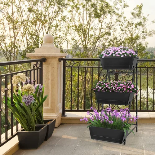 Vista 6 de Cama de jardín elevada vertical de 3 niveles, soporte de macetas de jardín elevadas, caja de maceta de jardín vertical con agujeros de drenaje
