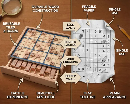 Vista 5 de BOHS Juego de Mesa de Sudoku de Madera con Cajón - con 100 Libros de Sudoku para Adultos - Juguetes de Mesa para el Cerebro