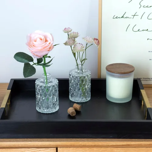 Vista 3 de MyGift Pequeñas botellas difusoras de varillas de vidrio transparente, estilo boticario en relieve, jarrones de flores con tapas de corcho, juego