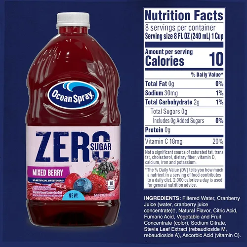 Vista 2 de Ocean Spray® ZERO Sugar - Bebida de jugo de bayas mixtas, bebida de jugo de arándano endulzado con stevia, botella de 64 onzas líquidas