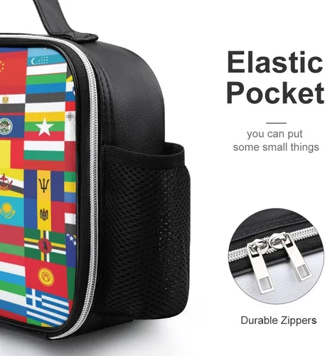 Vista 4 de Bolsa de almuerzo con bandera mundial, reutilizable, aislada, desmontable, de cuero, con asa para preparación de comidas, soporte para picnic