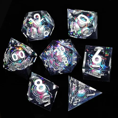 Vista 9 de Mini Planet DND Dados de bordes afilados y poliédricos de Dungeons and Dragons, juego de dados hechos a mano y iridiscentes