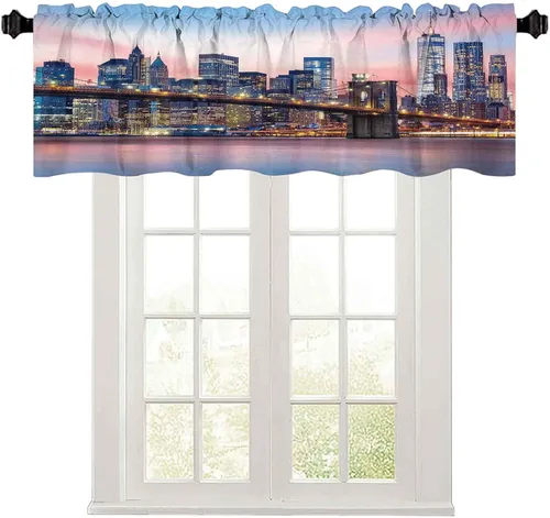 Cenefa de cortina con filtro de luz, 36 pulgadas de ancho x 18 pulgadas de largo, puente de Brooklyn y el horizonte bajo Manhattan bajo el amanecer