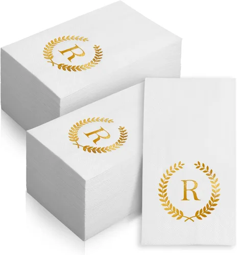 Vista 19 de Paquete de 200 servilletas desechables con monograma de papel de aluminio dorado con letra S, toallas de papel desechables para boda, compromiso