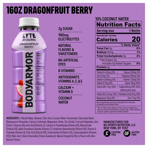 Vista 2 de BODYARMOR LYTE, Dragonfruit Berry, bebida electrolítica, 20 calorías, botellas de 16 onzas líquidas (paquete de 6), bebida deportiva de agua
