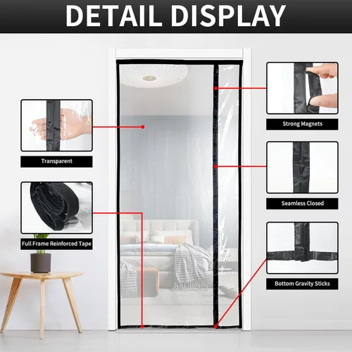 Vista 5 de Cortina de puerta aislada reversible transparente con apertura lateral izquierda o derecha, cubierta térmica magnética de puerta con mosquitera