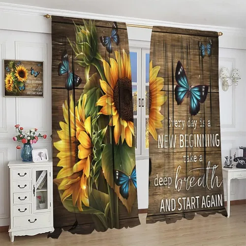 Vista 4 de Cortinas retro de girasol, plantas, mariposas y flores, rústicas, de granja, decoración de tablero de madera, tratamiento de ventana para cocina