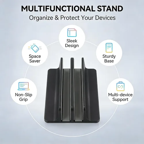 Vista 5 de Vertical Laptop Stand, Aluminum Alloy, Double Dock, Black, Cooling Stand,Laptop Stand Holder - Multifunctional Design, Silicone Anti - Scratch
