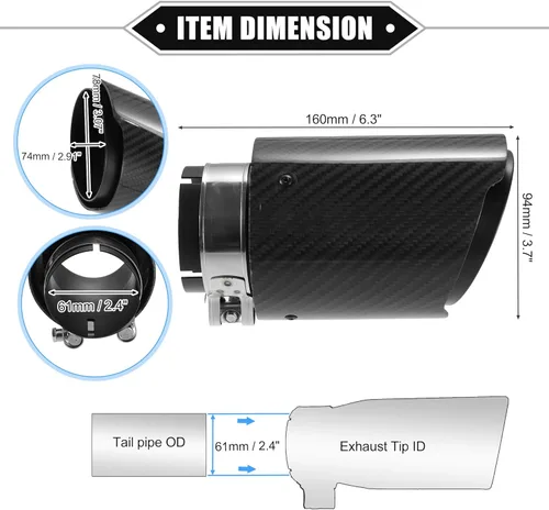 Vista 6 de Punta de Escape de Automóvil, Entrada de 2.4'' Salida de 3.7'' Universal para Automóvil con Escape de 2.4'' OD Punta de Silenciador Trasero