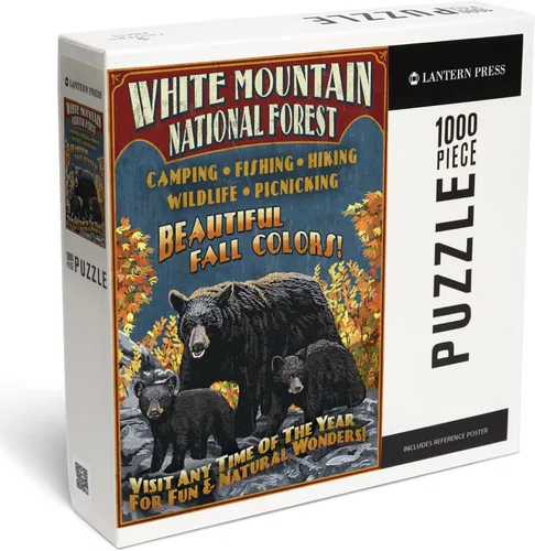 Lantern Press White Mountains, New Hampshire, Black Bear Vintage Sign 1000 Piece Jigsaw Puzzle for Adults, Made in USA with Reference Poster