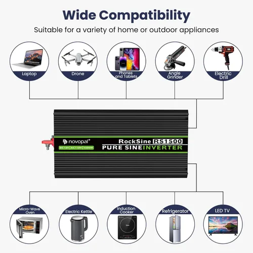 Vista 2 de Novopal Inversor de onda sinusoidal pura de 1500 W, convertidor de potencia de coche de 12 V CC a 110 V/120 V CA, inversor de corriente DC-AC con 4