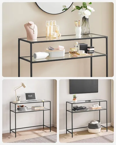 Vista 7 de VASAGLE ULGT025B01 - Mesa de sofá de 39.4 pulgadas, mesa de entrada moderna, mesa de vidrio templado, marco de metal, 2 estantes, pies ajustables