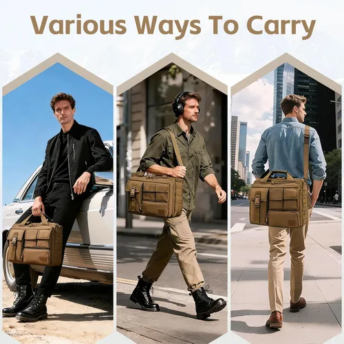 Vista 6 de GES Maletín táctico, 15.6 pulgadas para hombre, maletín militar para hombres, caqui