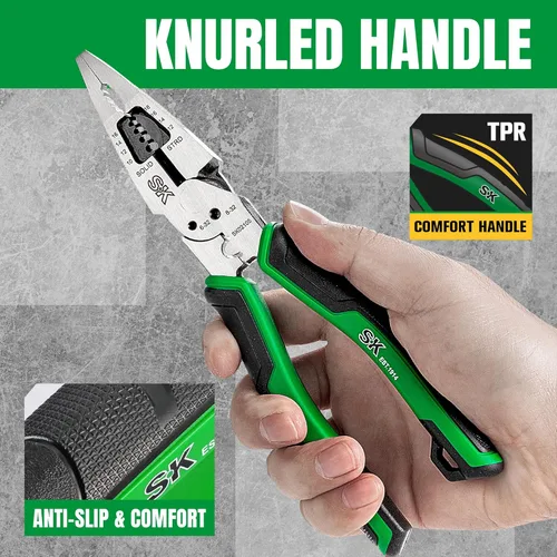 Vista 5 de SK Alicates de punta larga multiusos de 8 pulgadas, alicates de punta de aguja, 7 en 1, mango ergonómico antideslizante para un agarre cómodo