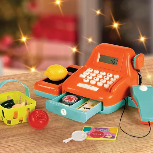 Vista 2 de Battat - Caja registradora interactiva para niños con escáner y sonidos - Set de juego de 26 piezas para simular compras con escáner iluminado